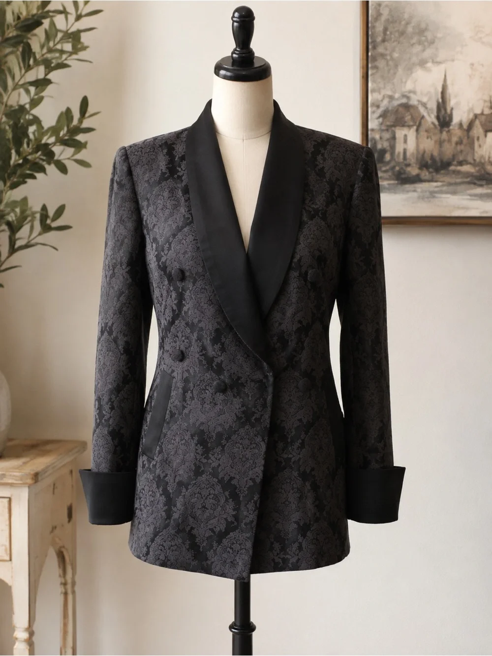 Men's Black Patterned Tuxedo Blazer & Trouser Set Pant Waist 34”